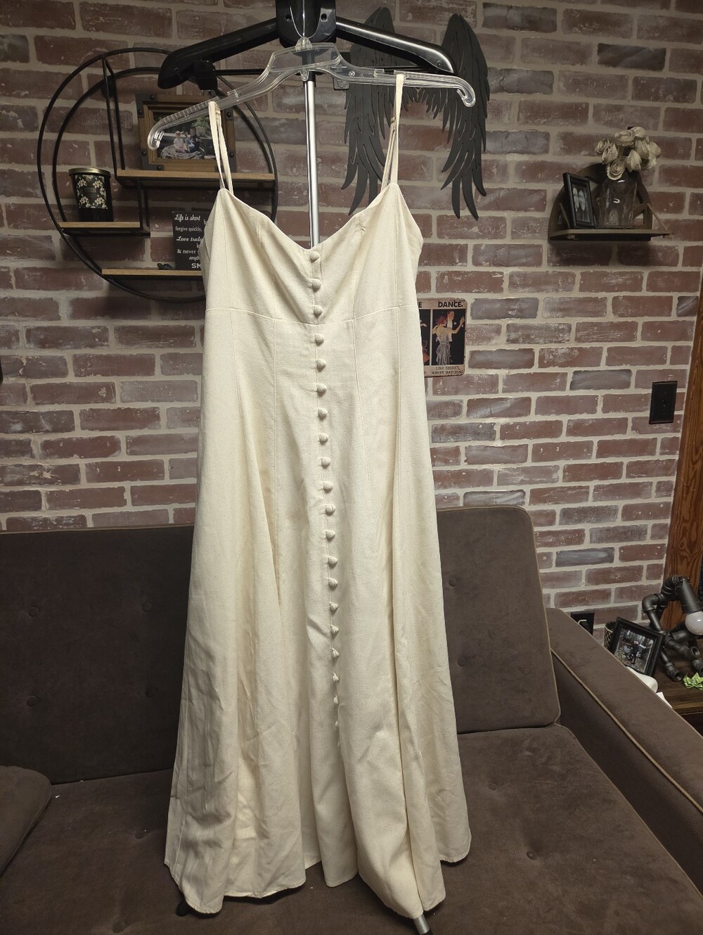 Taylor Elegant Cream Button-Front Spaghetti Strap Dress